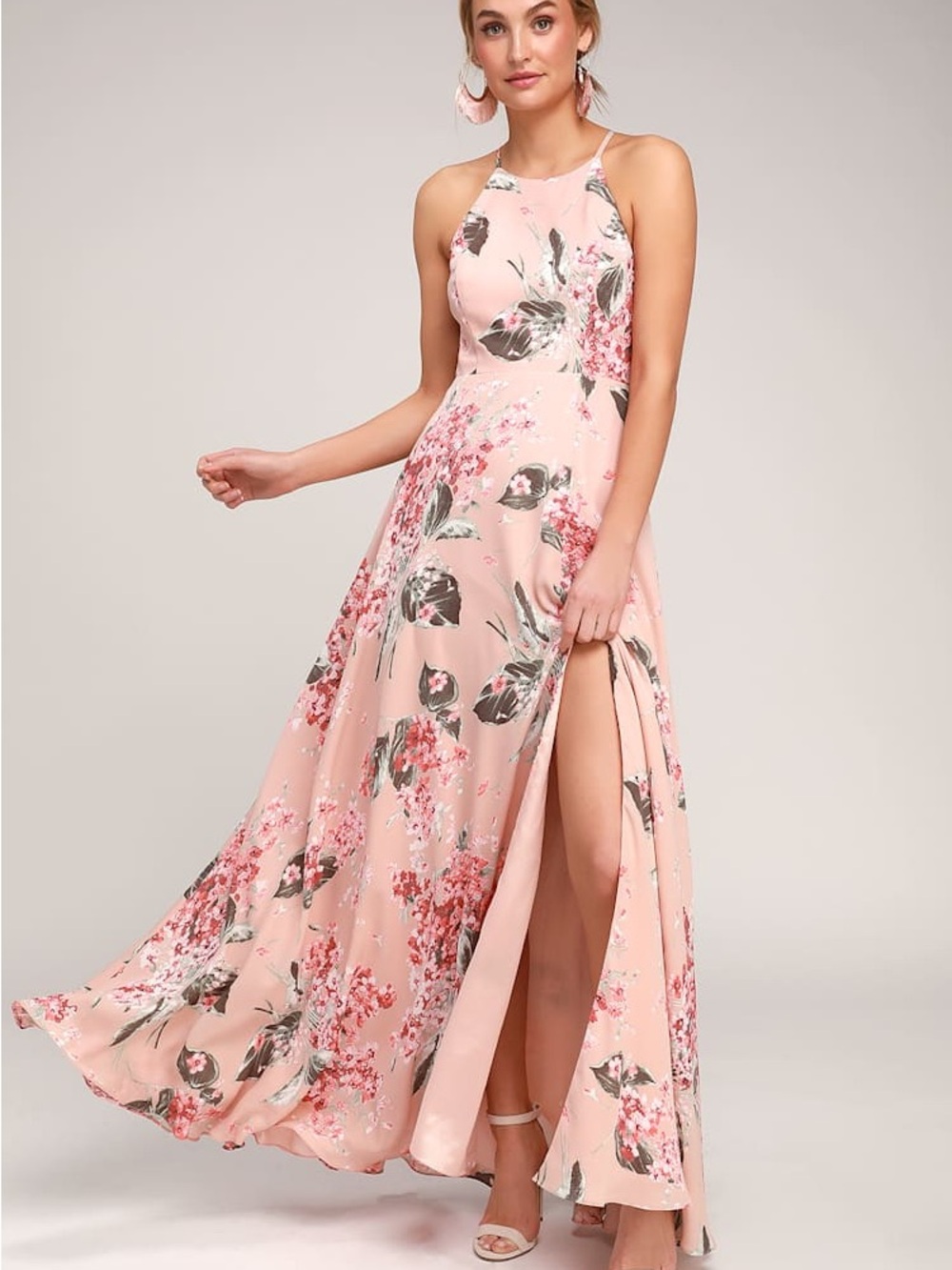 Lulus Daley Blush Floral Print Sleeveless Maxi Dress Formal Wedding Bridesmaid